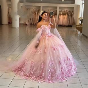 2026 New Women's Sexy Dress Off-Shoulder Applique Flower Banquet Dress Adult Ceremony Pink Tulle Puffy Skirt