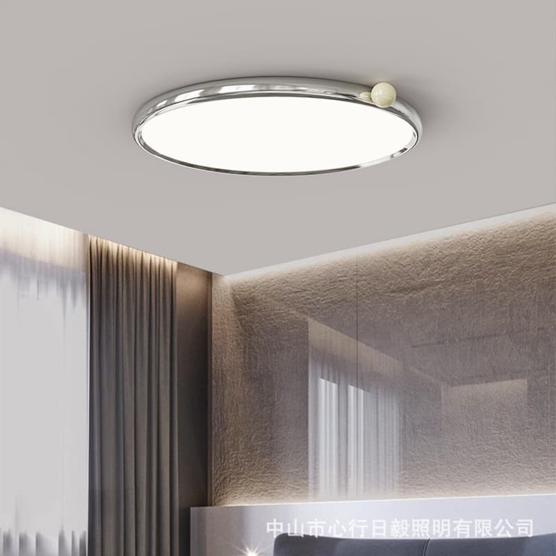 Full Spectrum Cream Style Bedroom Ceiling Light, Chrome Ultra Thin Round Lamp, Minimalist Eye Care Creative Milk Bean Master Bedroom Light