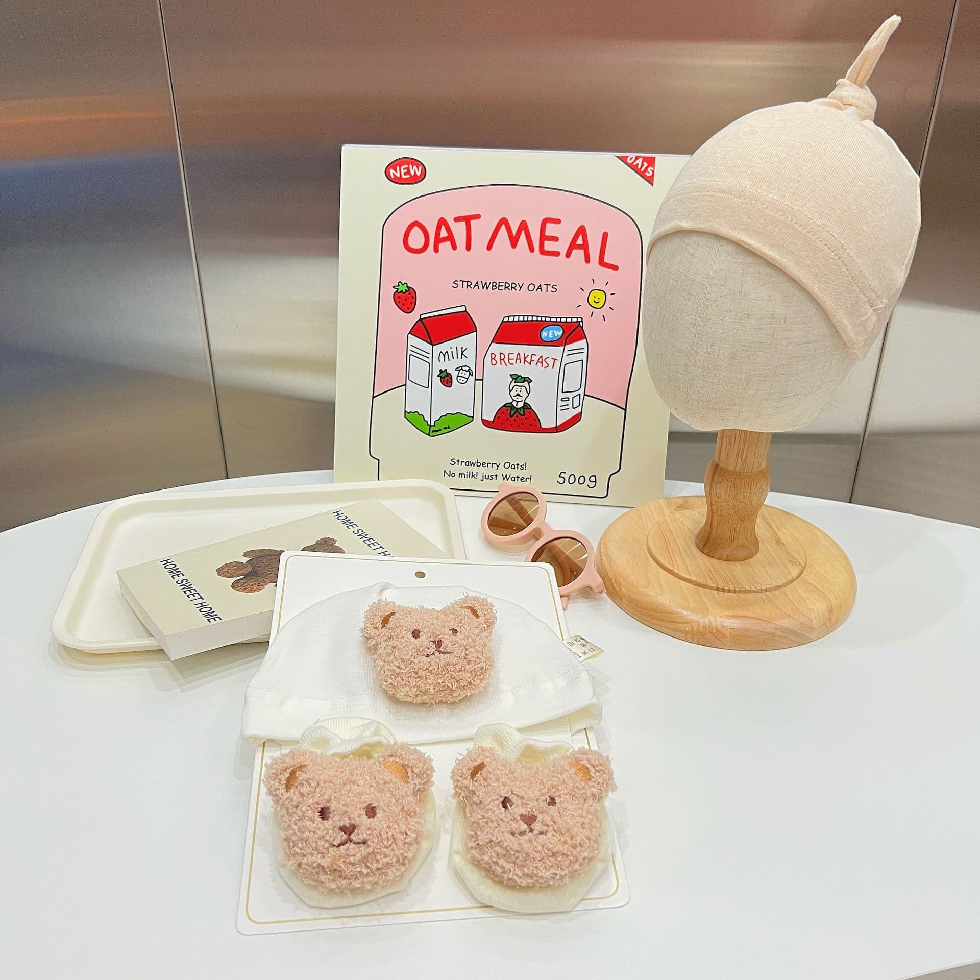 New Style Baby Floor Socks with 3D Plush Bear Design, Newborn Hat, Cotton Socks and Hat Set for Boys and Girls