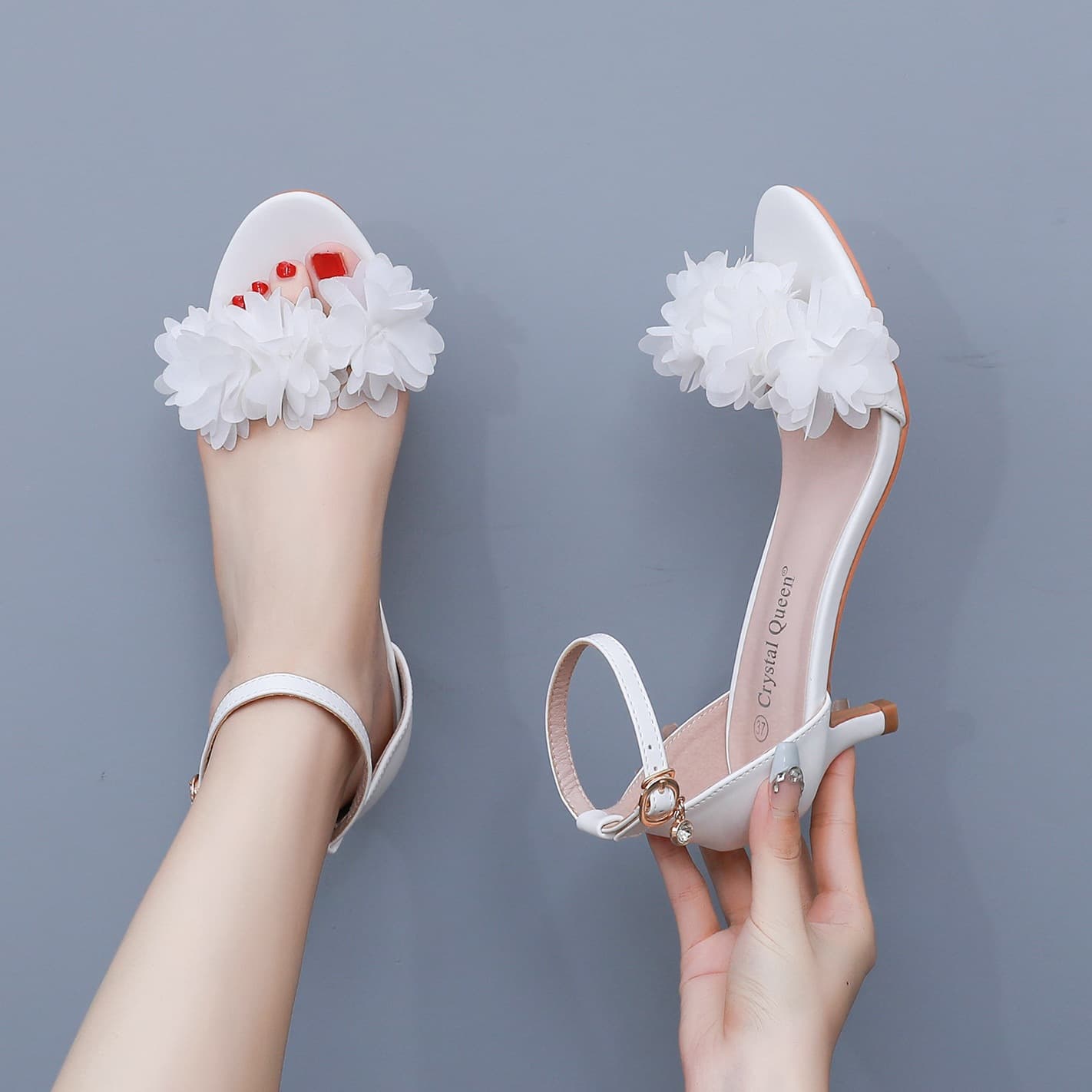 5cm Lace Flower Bride Wedding Shoes Shallow Mouth One-Strap Sandals Stiletto Heel White Buckle Sandals Princess Sandals