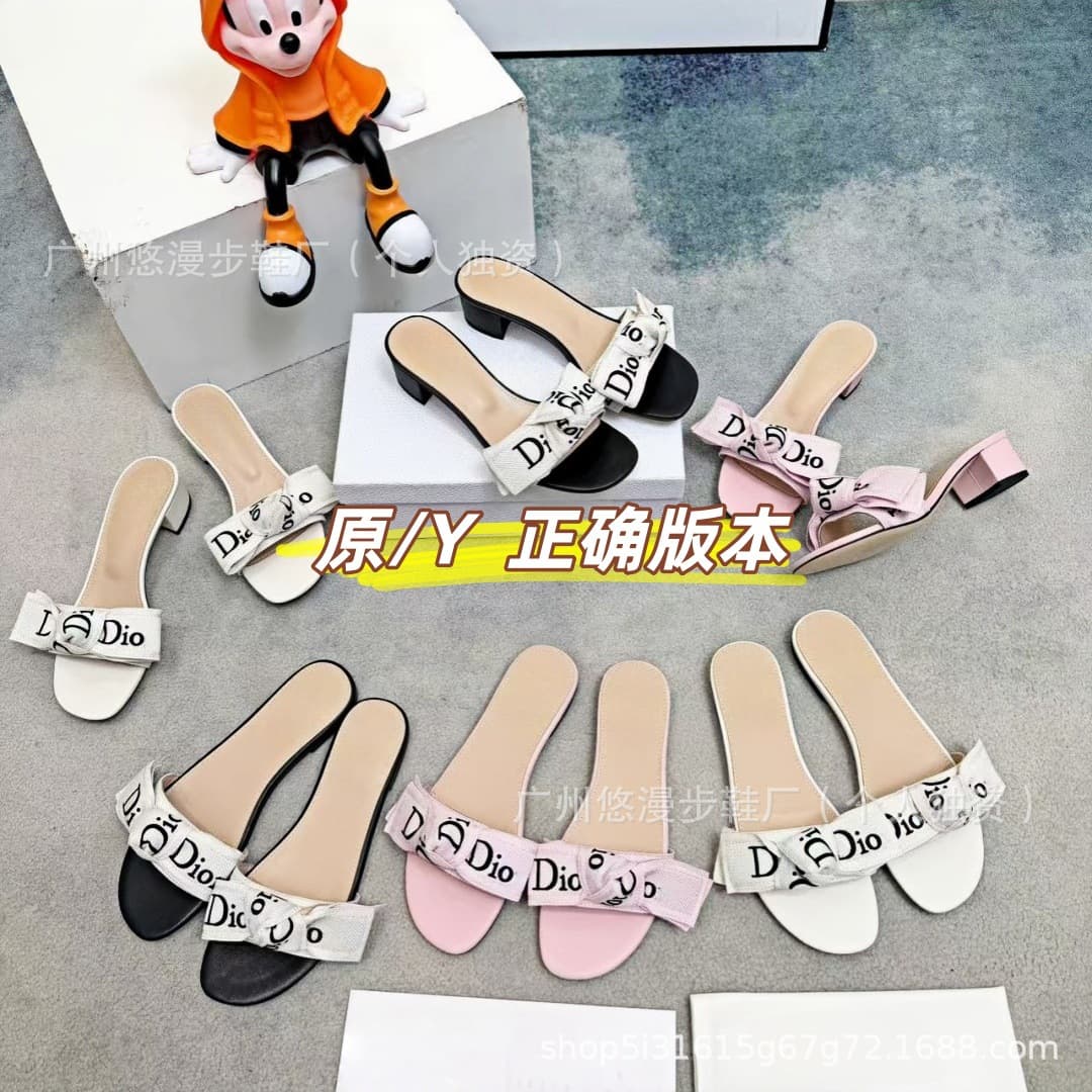 High Version Dior-style Letter Bow Flat Slippers for Women, Summer Outdoor Fashion Versatile Slip-on Chunky Heel Slippers