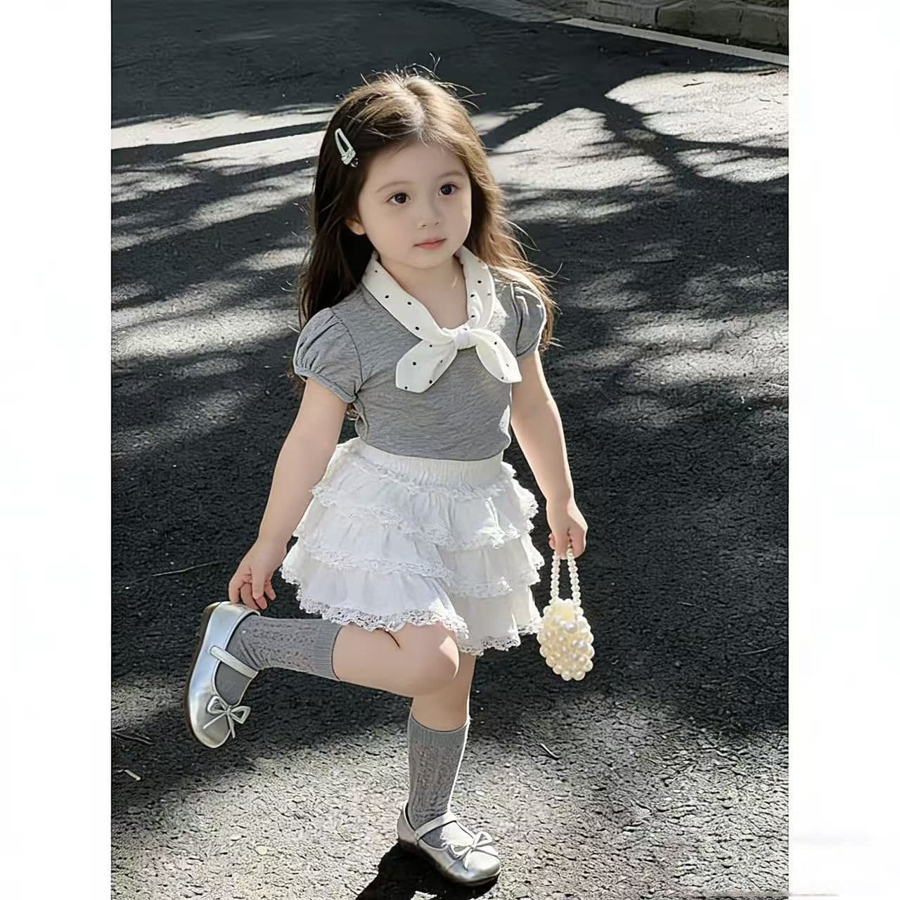 Girls' polka-dot bow tie suit summer new style baby style T-shirt lace cake skirt Korean princess style two-piece set