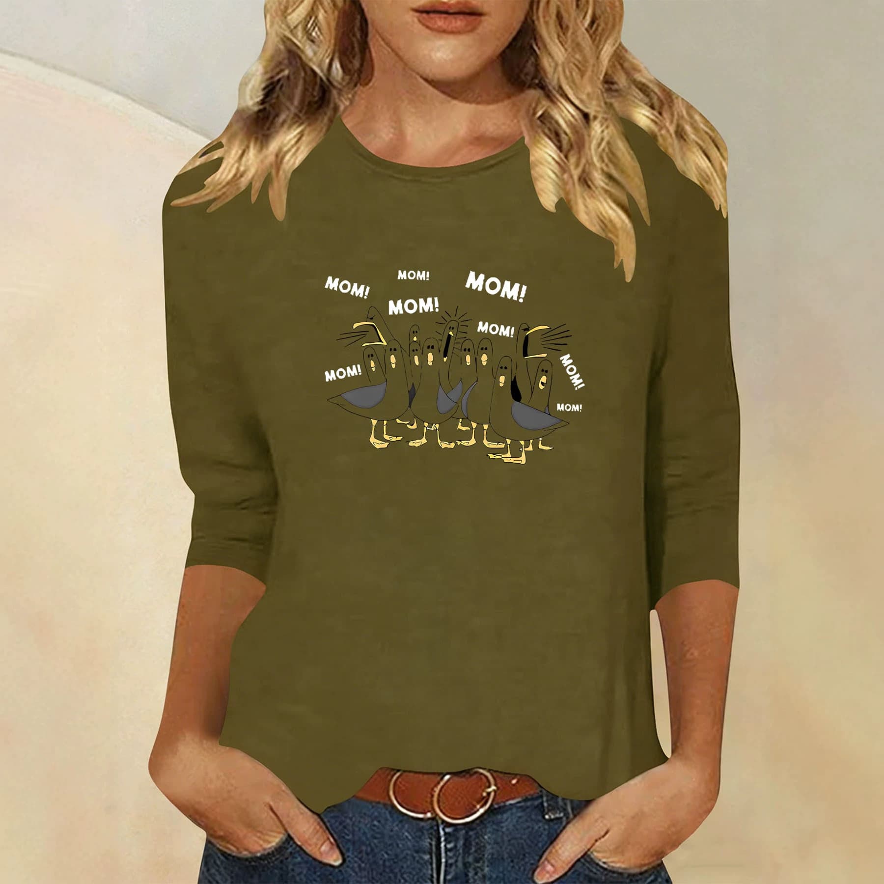 Noisy Mom Seagull Print 3/4 Sleeve T-Shirt for Women, Funny Self-Deprecating Mom Style Casual Top