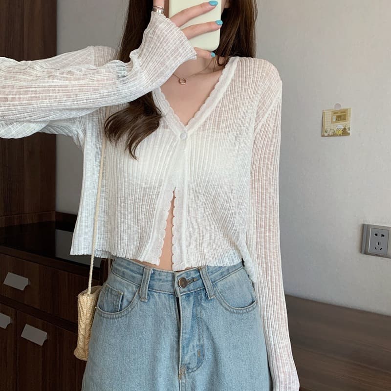 Xinxuan Summer Loose Knit Cardigan V-Neck Short Versatile Air Conditioning Cover Long Sleeve Lightweight Jacket