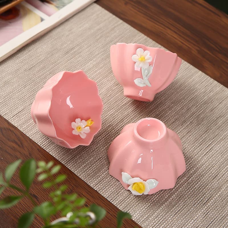 Pink Tea Tasting Cup for Women, Host Cup, Handmade Pinched Flower Kung Fu Tea Cup, Petal Ceramic Cup, Imitation Ru Kiln Tea Set