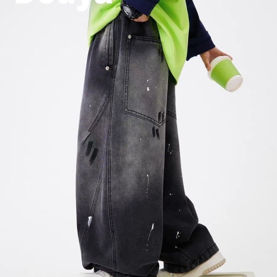 Boys Spring Autumn Ink Splash Wide Leg Black Jeans 2025 New Children Straight Loose Pants