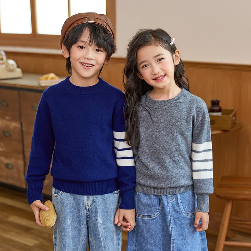 Korean-style pure wool knit sweater for boys and girls, round neck pullover, color-blocked warm cashmere blend for babies