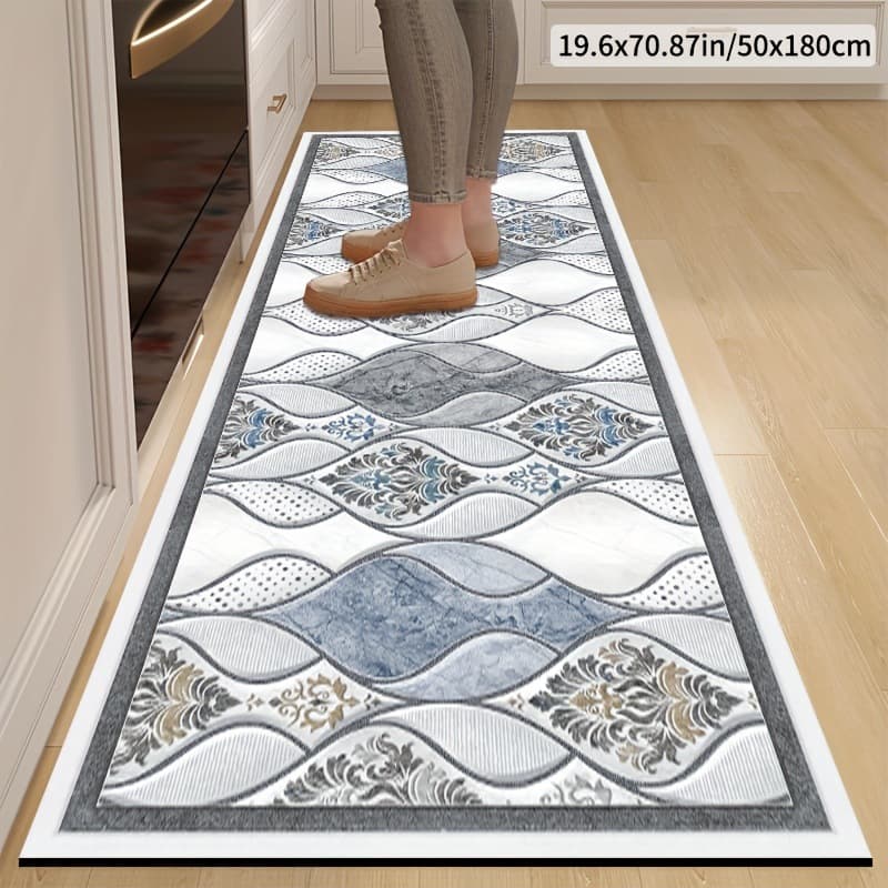 Retro simple marble decorative floor mats for home kitchen, water-absorbent, oil-absorbent, easy to clean and stain-resistant kitchen two-piece set