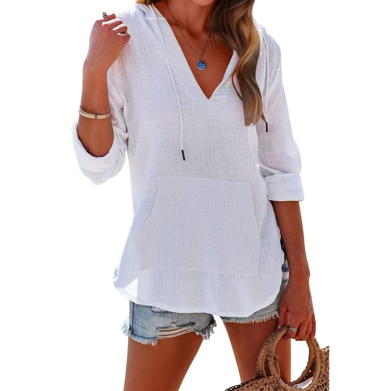 2026 Amazon Summer Beach Cover Up Hoodie Long Sleeve V-Neck Pocket Hooded Women's Shirt Top
