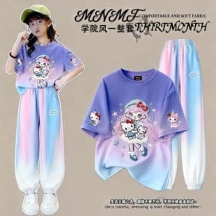 Girls Short Sleeve T-Shirt Set Ice Silk Summer Gradient Kids Half Sleeve Top T-Shirt Ice Silk Pants for Girls