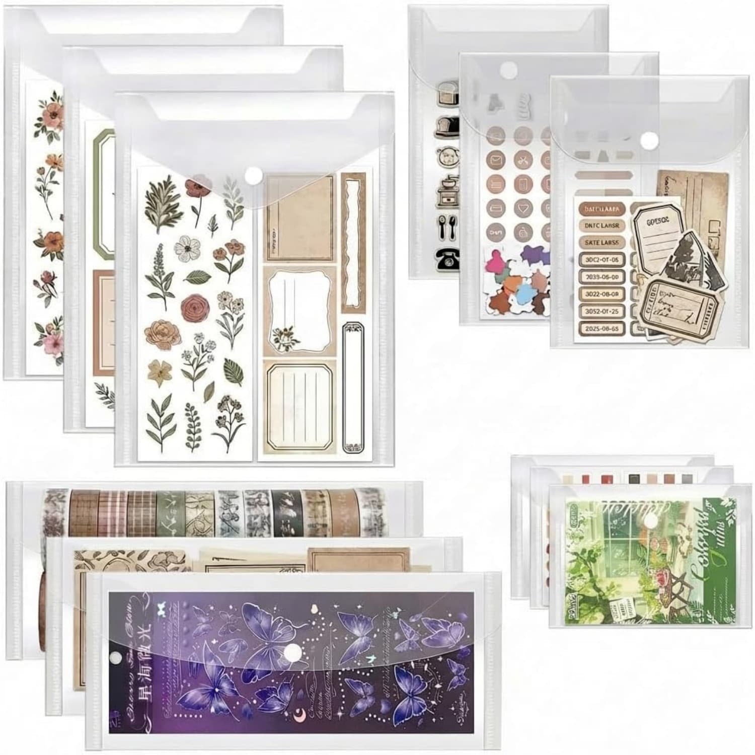 Sticker Storage Box with Snap-Button Clear Plastic Bags, 12-Pack, Waterproof and Durable (Stickers Not Included)