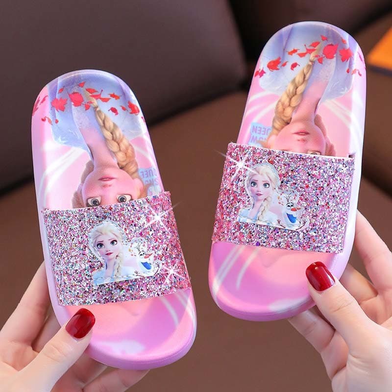 Elsa Princess Slippers for Ages 3-6, Summer Fashion Kids Shiny Cool Slippers, Indoor Home Soft Sole Girls' Slippers