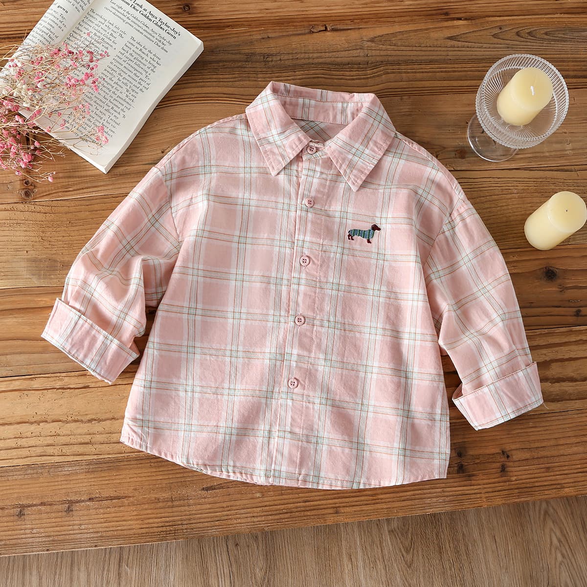 Korean-style Girls' Cotton Gauze Shirt, Versatile Long-Sleeve Embroidered Plaid Blouse, Pure Cotton, Kids & Toddlers Checkered Turn-Down Collar