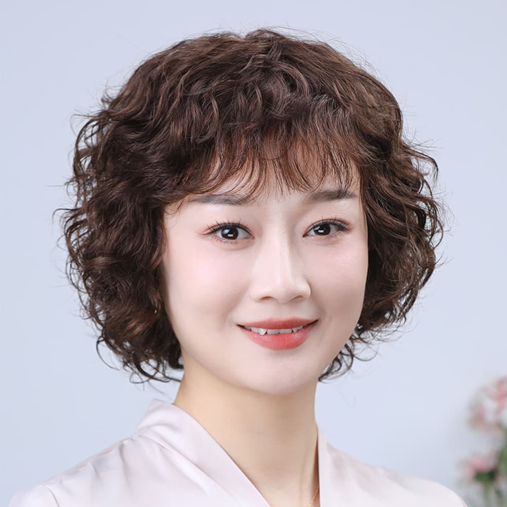 Real Human Hair Wig Short Curly Wig for Middle-Aged and Elderly Women Full Cap Natural Human Hair Wig for Ladies