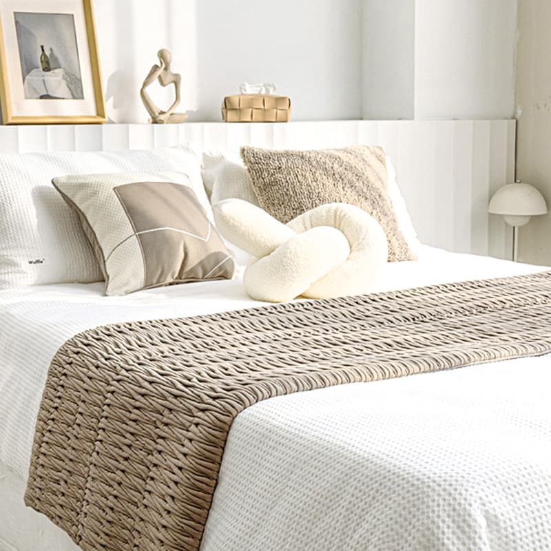 Modern Minimalist Model Room Bed Runner with 3D Quilted Beige-Brown Throw and Cushions
