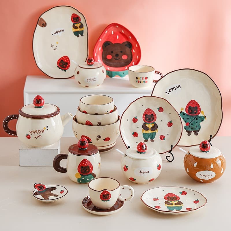 [Custom] Strawberry Bear Tableware Set - Bowl & Plate Set for Home Atmosphere, Korean-Style Ceramic Rice Bowls, Serving Plates, Soup Bowls