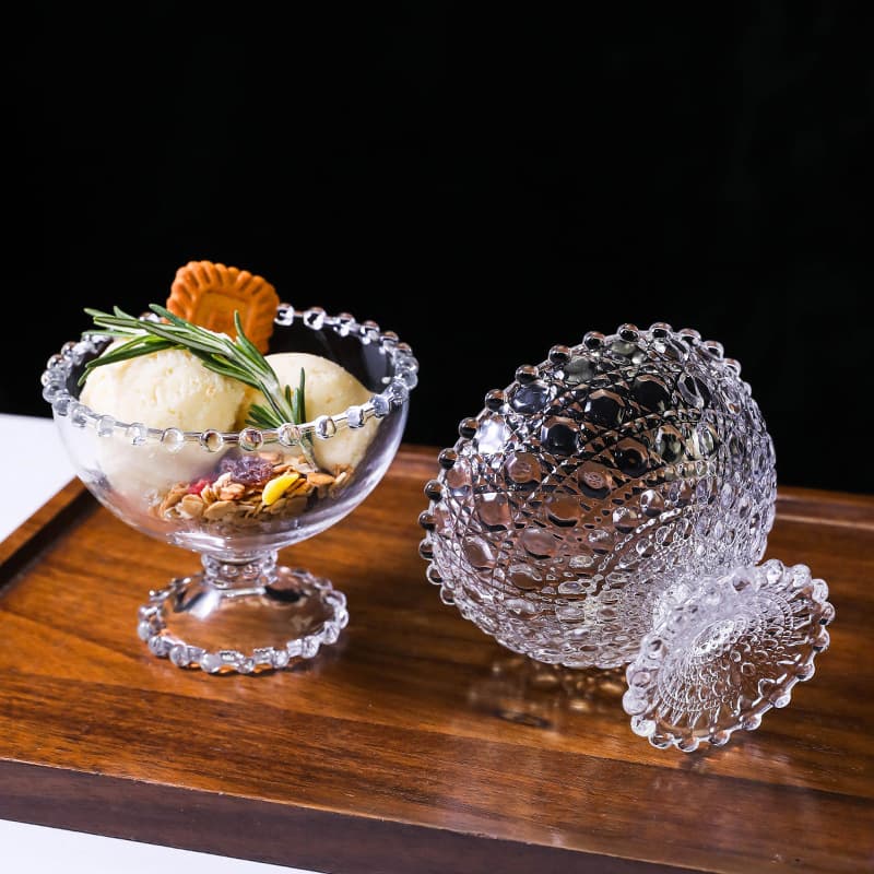 Niche Beads High-Footed Ice Cream Cup, Household Summer Stylish Women's Smoothie Yogurt Ice Cream Dessert Glass Cup
