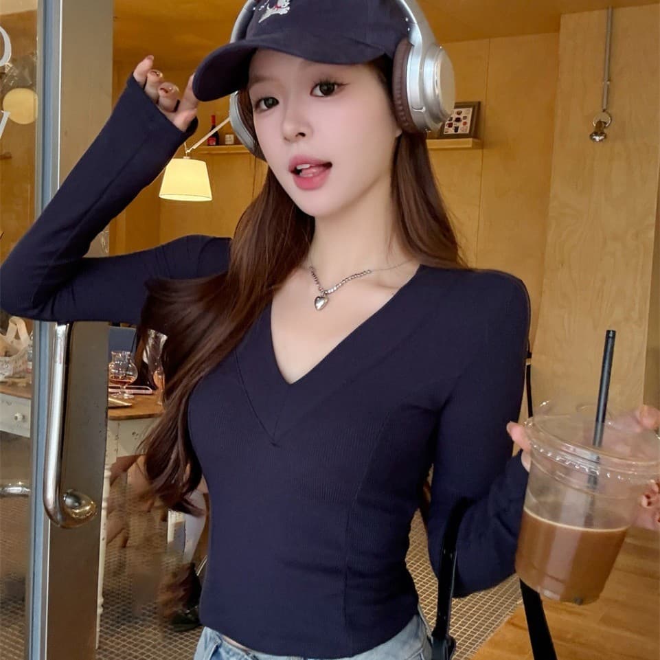 5181# Pure Desire Style Sexy V-Neck Brushed Fleece Long Sleeve Women's Autumn/Winter Inner Layer Warm Slimming Versatile Base Top