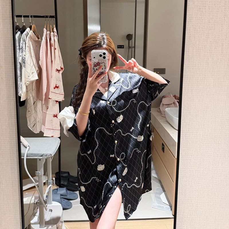 Summer Cartoon Loose Sleep Dress for Women, Thin Style Wearable Outside, 2026 New Cute Sweet Cat Ice Silk Sleep Dress for Women