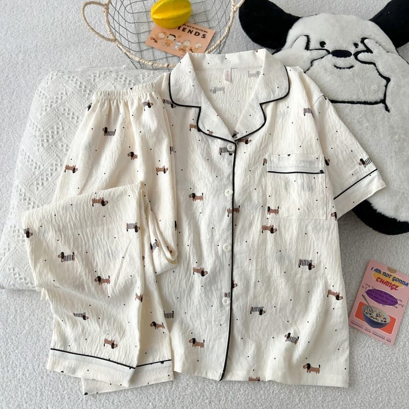 2026 Internet Hot Style Pajamas for Women, Spring Summer Thin Cloud Cotton Cartoon Short Sleeve Long Pants Loungewear Two-Piece Set