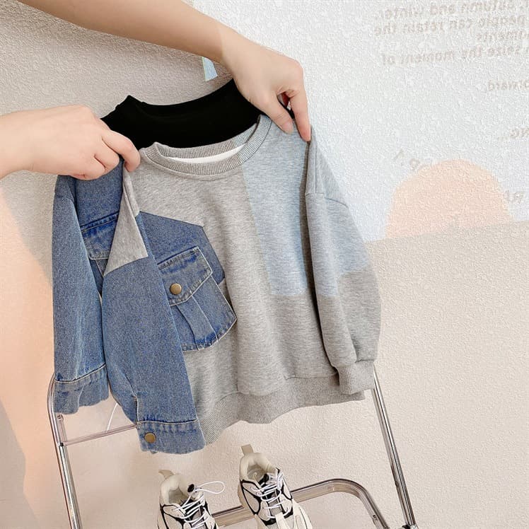 Boys Korean-style Denim Spliced Sleeve Loose Hoodie 2023 Spring New Middle and Young Children Street Style Casual Pullover