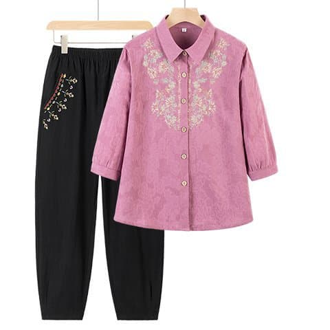 Grandma Summer Outfit Set for Seniors, Middle-Aged Women, Cotton-Linen Mid-Sleeve T-Shirt for Mothers, Elderly Cotton-Linen Clothing