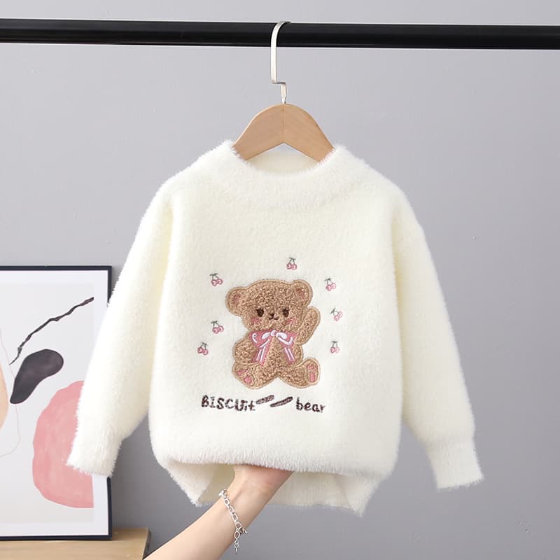 2024 Autumn/Winter Children's Pullover Sweater Girls' Round Neck Knitted Faux Mink Velvet Mid-child Fashion Cartoon Long Sleeve