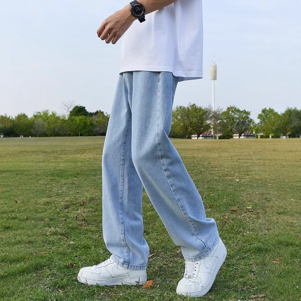 Drawstring Jeans for Men, Spring and Autumn Trendy High Street Style, Casual Straight Loose Fit, Versatile Ins Wide-Leg Long Pants
