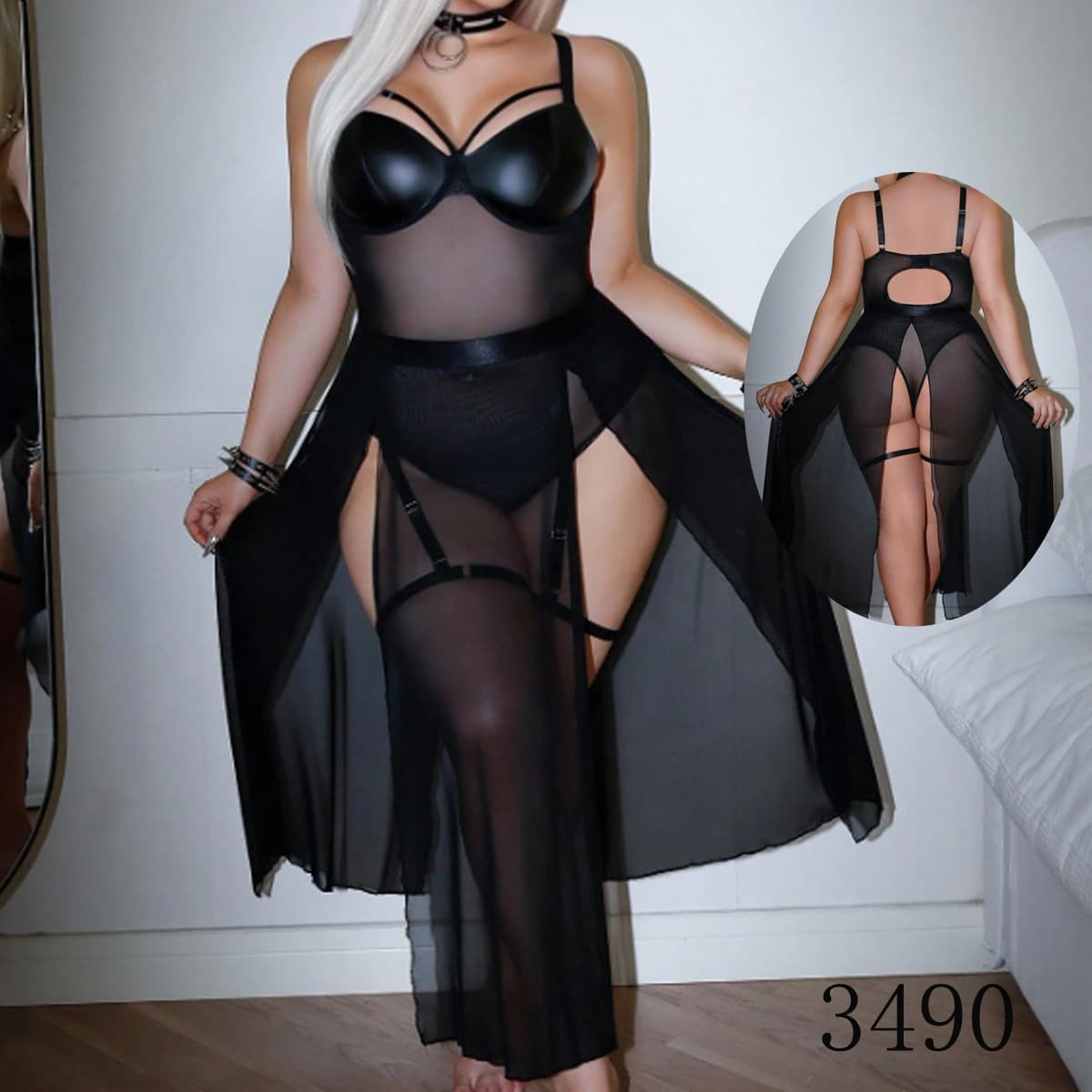 European and American Cross-Border Sexy Lingerie Lace Temptation Black Long Dress Mesh Transparent Passion Seduction Sexy Long Dress