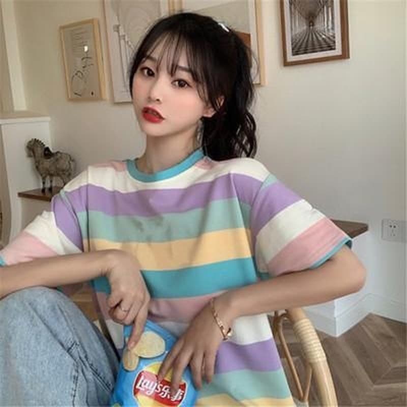 2021 Spring Summer New Korean Rainbow Casual Loose Short Sleeve T-Shirt Women Trendy Student Clothing Women Wholesale