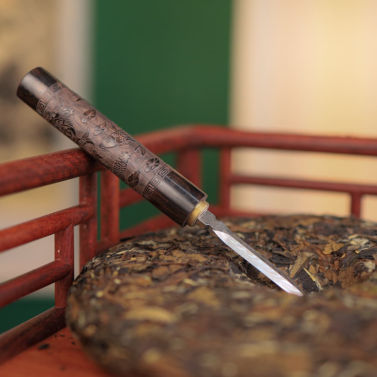 Ebony "Year After Year Fish" Tea Knife, Tea Ceremony Pick, Damascus Pattern Steel Pu-erh Tea Scissors, Tea Prying and Opening Tools