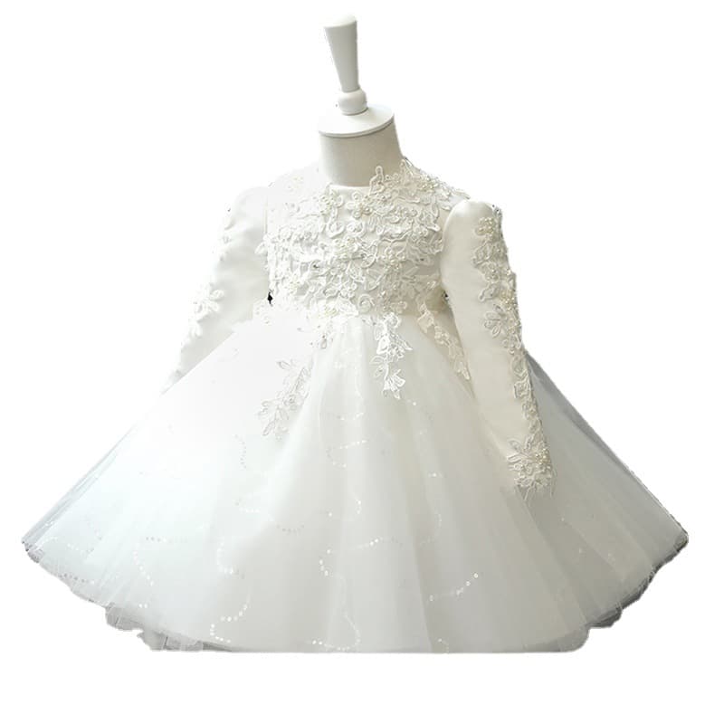 Flower Girl Wedding Dress for Little Girls White Tulle Puff Baby First Birthday Children's Birthday Princess Dress with Bow