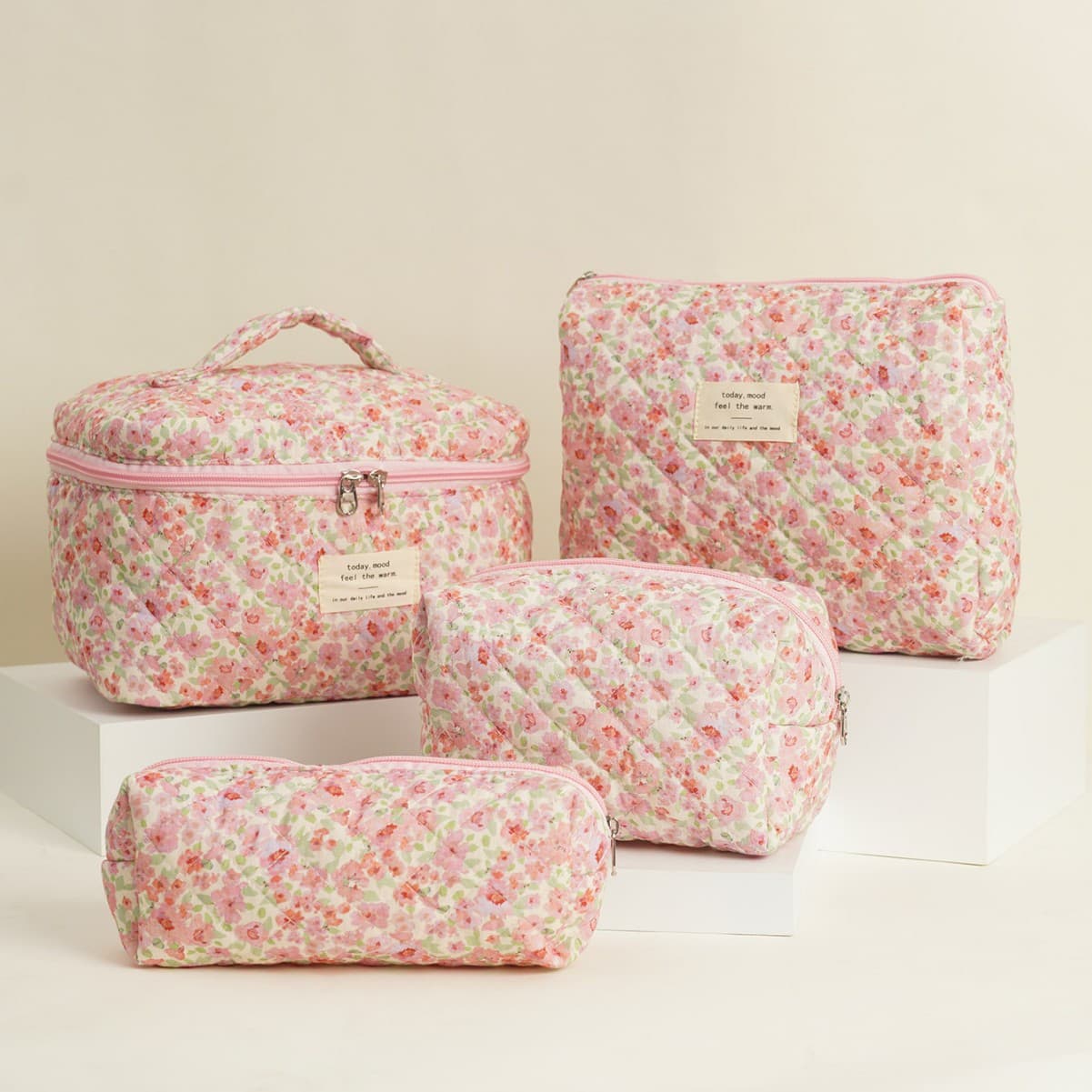 Large Capacity Quilted Makeup Bag Floral Four-Piece Set Handheld Travel Inner Polyester Cotton Cloth Pencil Case Three-Piece Set