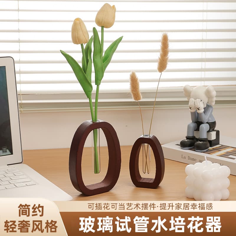 Creative solid wood transparent glass hydroponic flower walnut home vase green plant water raised desktop flowers flower arrangement
