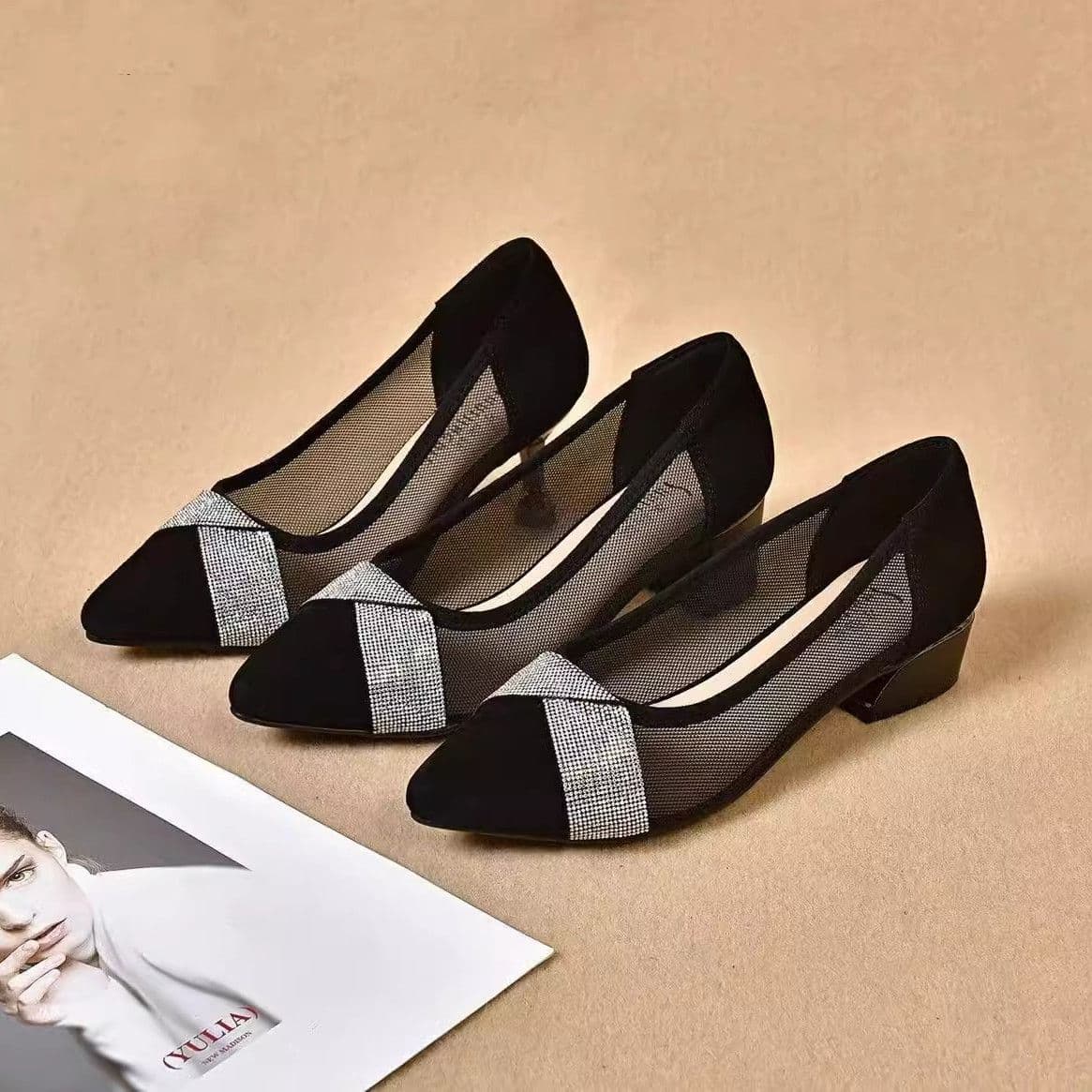 Mesh Single Shoes for Women 2024 New Spring Summer Genuine Leather Hollow Out Women's Shoes Summer Style Shallow Mouth Chunky Heel Mid Heel Leather Shoes Large Size