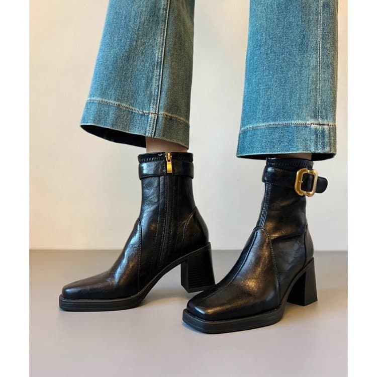 Genuine Leather Square Toe High Heel Short Boots Women Small Square Buckle Martin Boots Short Tube Side Zipper Slim Thick Heel Slim Boots Short Boots