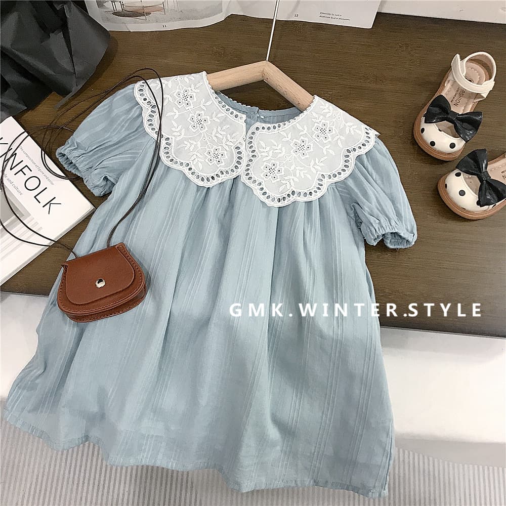 Girls French Vintage Lace Collar Dress Baby Summer Cotton Short Sleeve Princess Long Dress Export