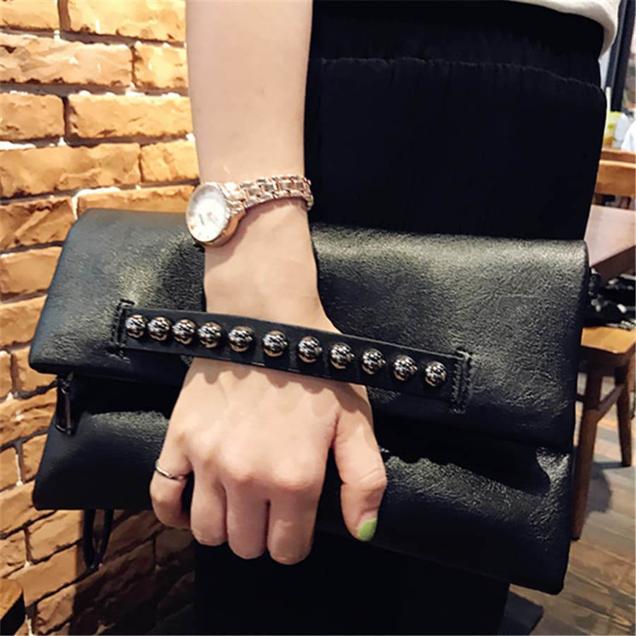 Clutch Women's Folding Handbag All-Match Envelope Bag Korean Style Messenger Bag Simple Small Bag Shoulder Rivet Fashion Bag