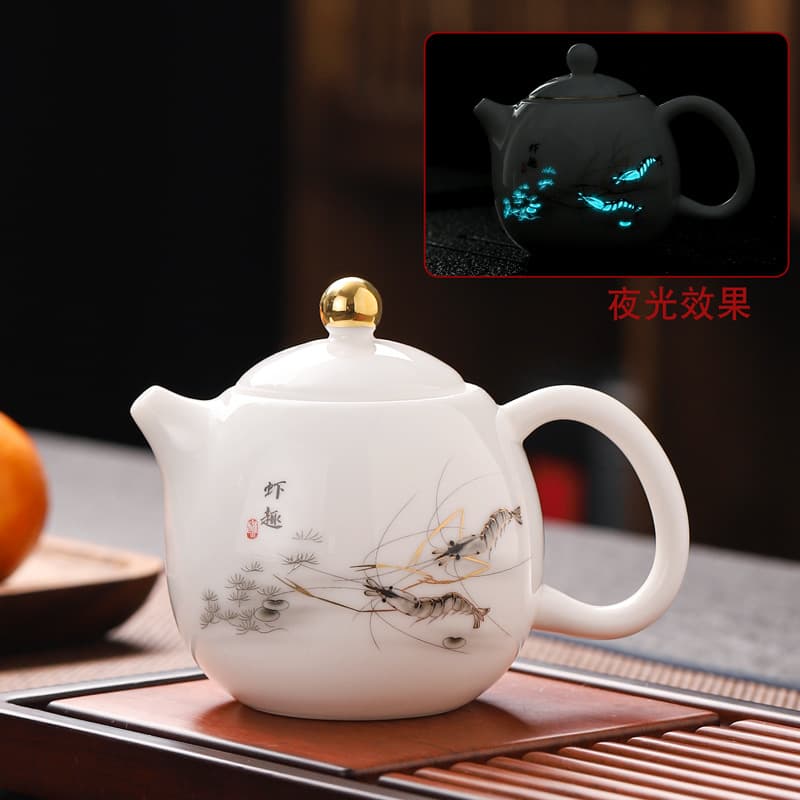 New Dehua White Porcelain Teapot with Gold Tracing, Creative Night Glow Dragon Egg Teapot with Ball Filter