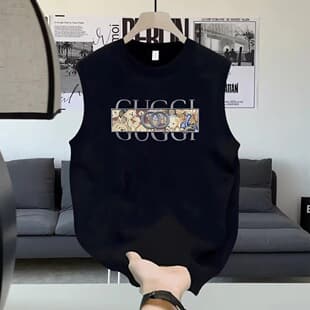 Cross-Border 230g Pure Cotton Lightweight Vest, Round Neck Sleeveless Tank Top for Men, Streetwear Brand Summer Print Loose Sports Top
