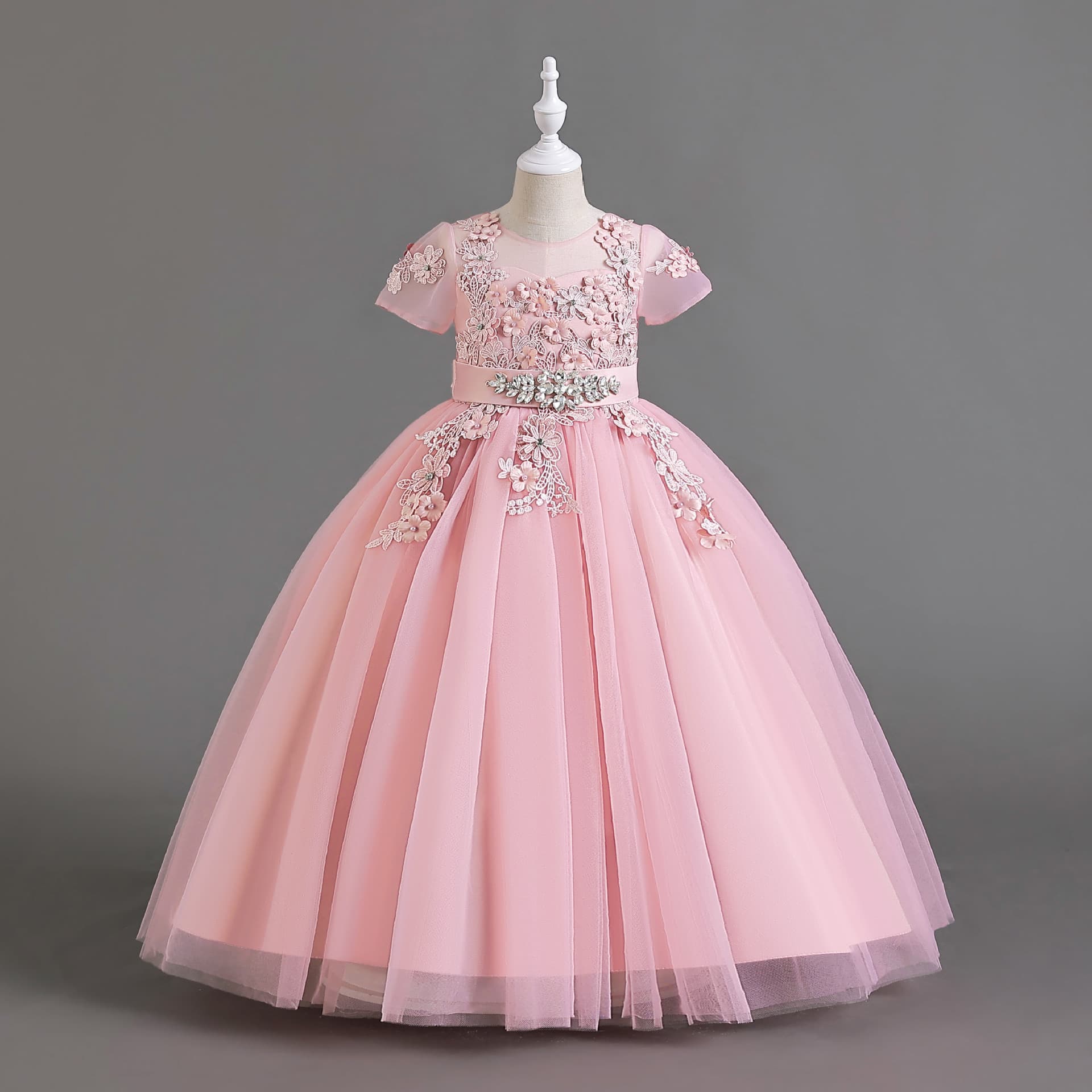 Cross-border Light Long Dress Girl's Princess Dress with Tie Belt Wedding Graduation Party Gown