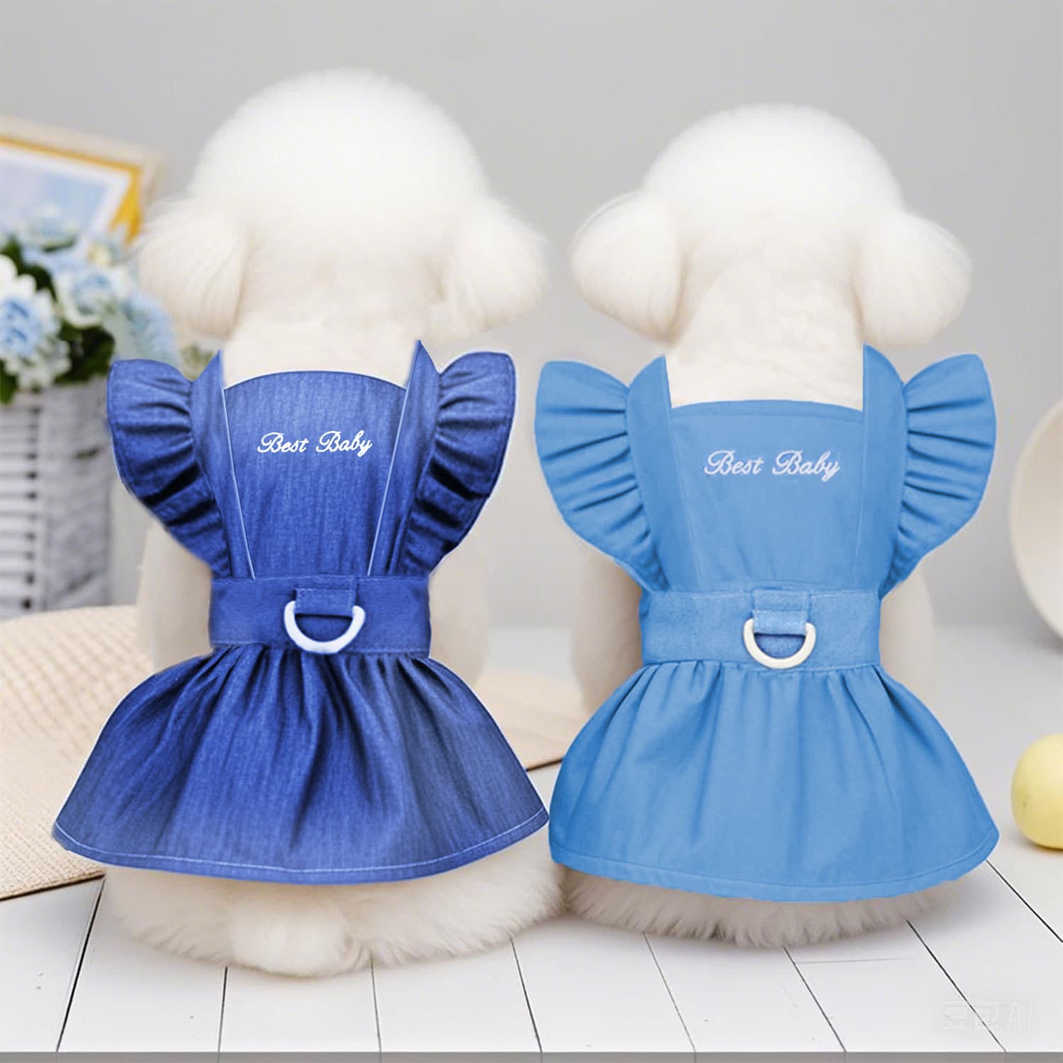 Pet clothing, dog clothes, cat and puppy clothes, spring and summer thin dress, embroidered letter denim skirt