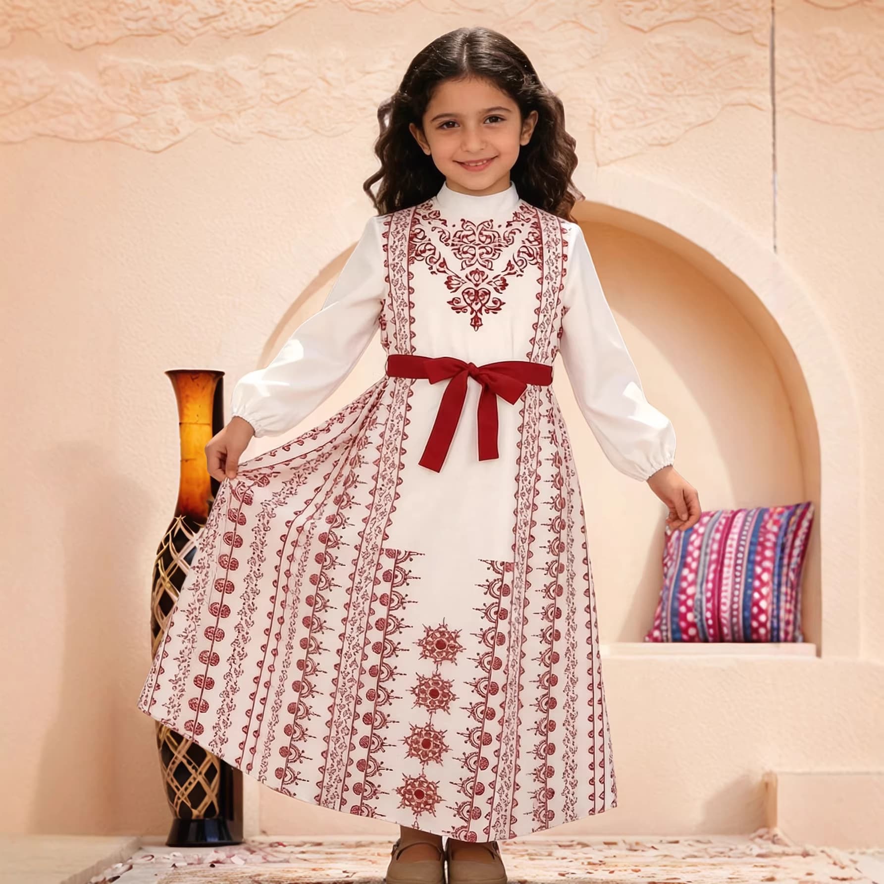 Cross-border Girls Long Dress Fashion Gown Export Girls Long Dress New Children Printed Dress with Belt