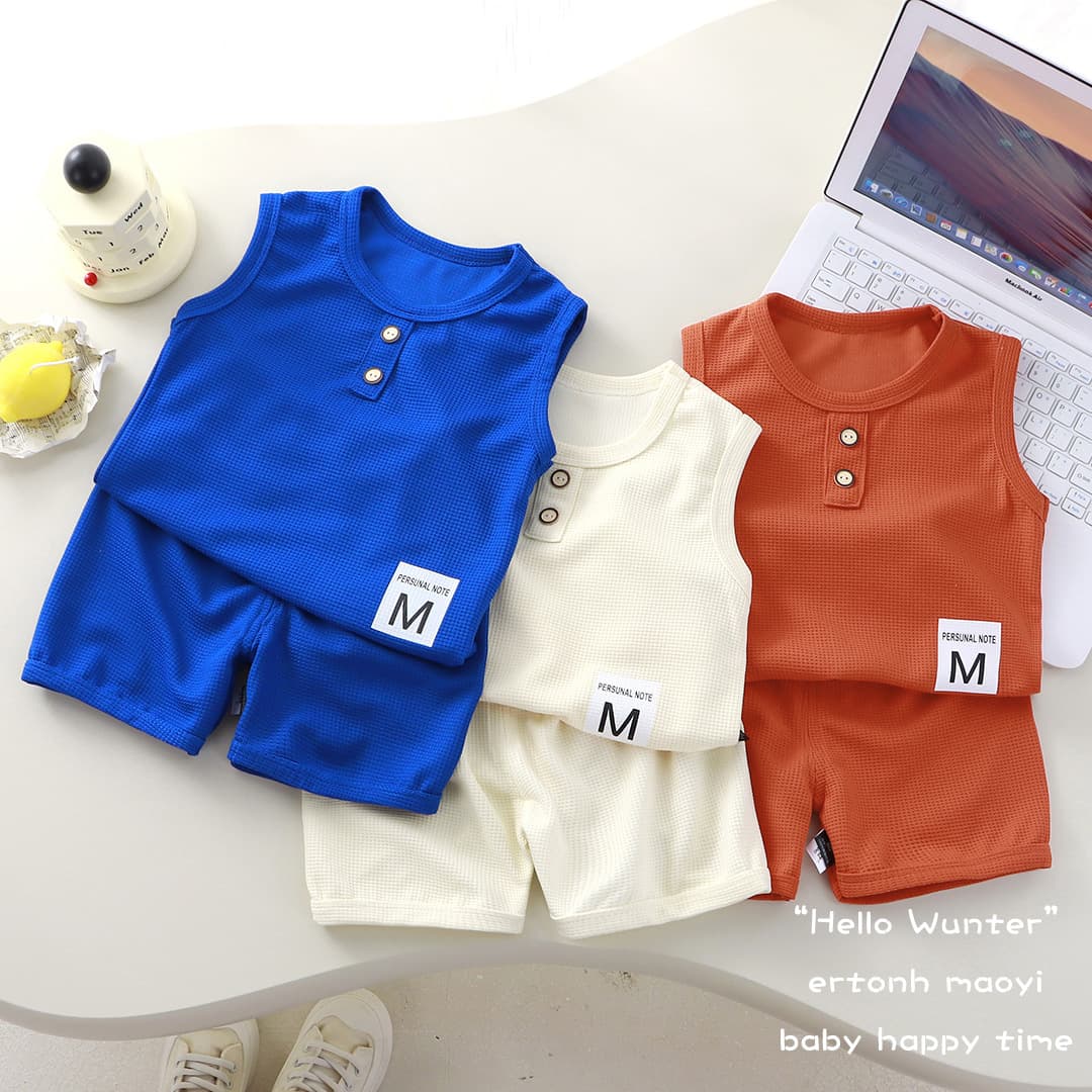 2026 New Korean Style Solid Color Temperament Children's Waffle Vest Suit Boys Sleeveless Suit Girls Summer Clothes