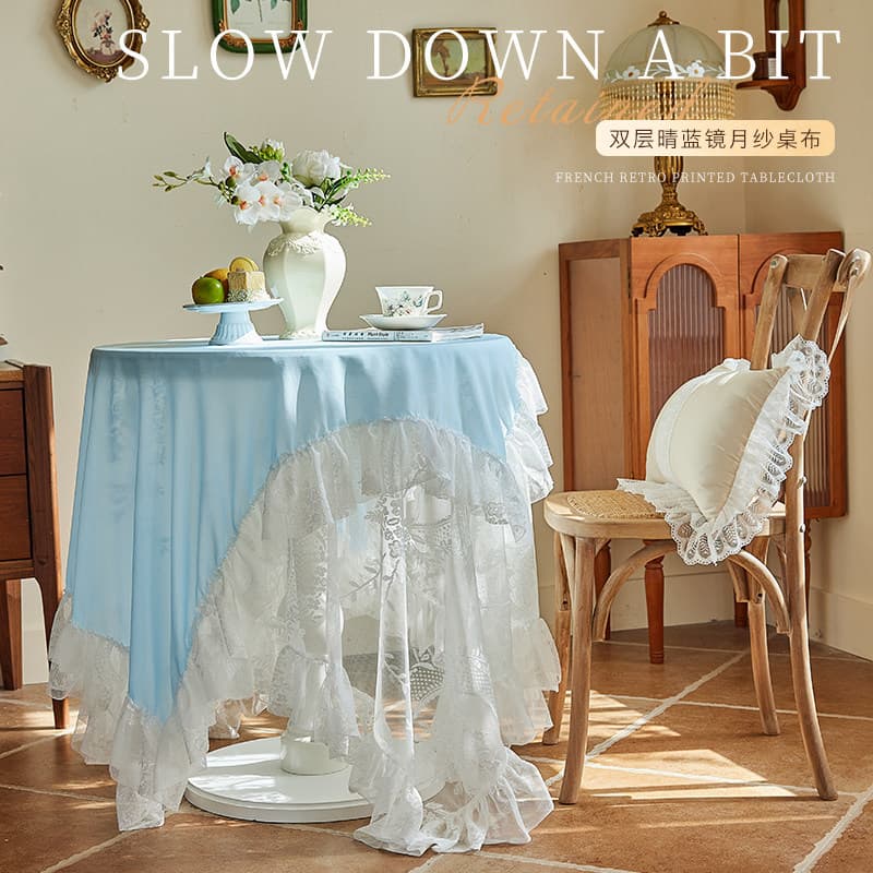 French-style small round tablecloth premium blue double-layer lace table linen pure color vintage coffee table decorative cloth