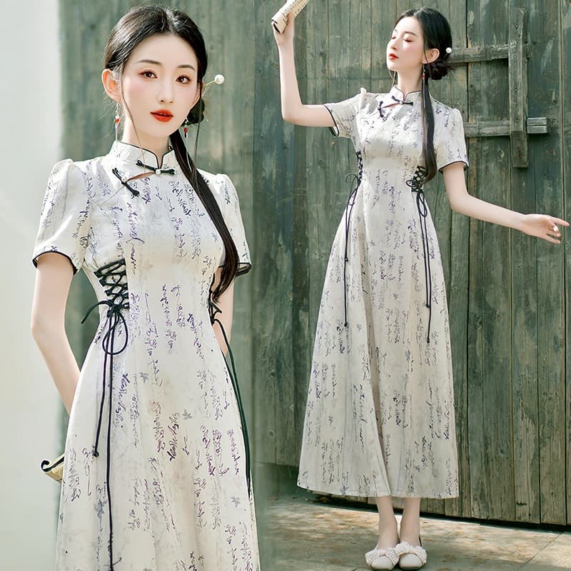 New Chinese Style Stand Collar Cross-front Wrap Tie-dye Retro Ink Print Short Sleeve Classical Dress