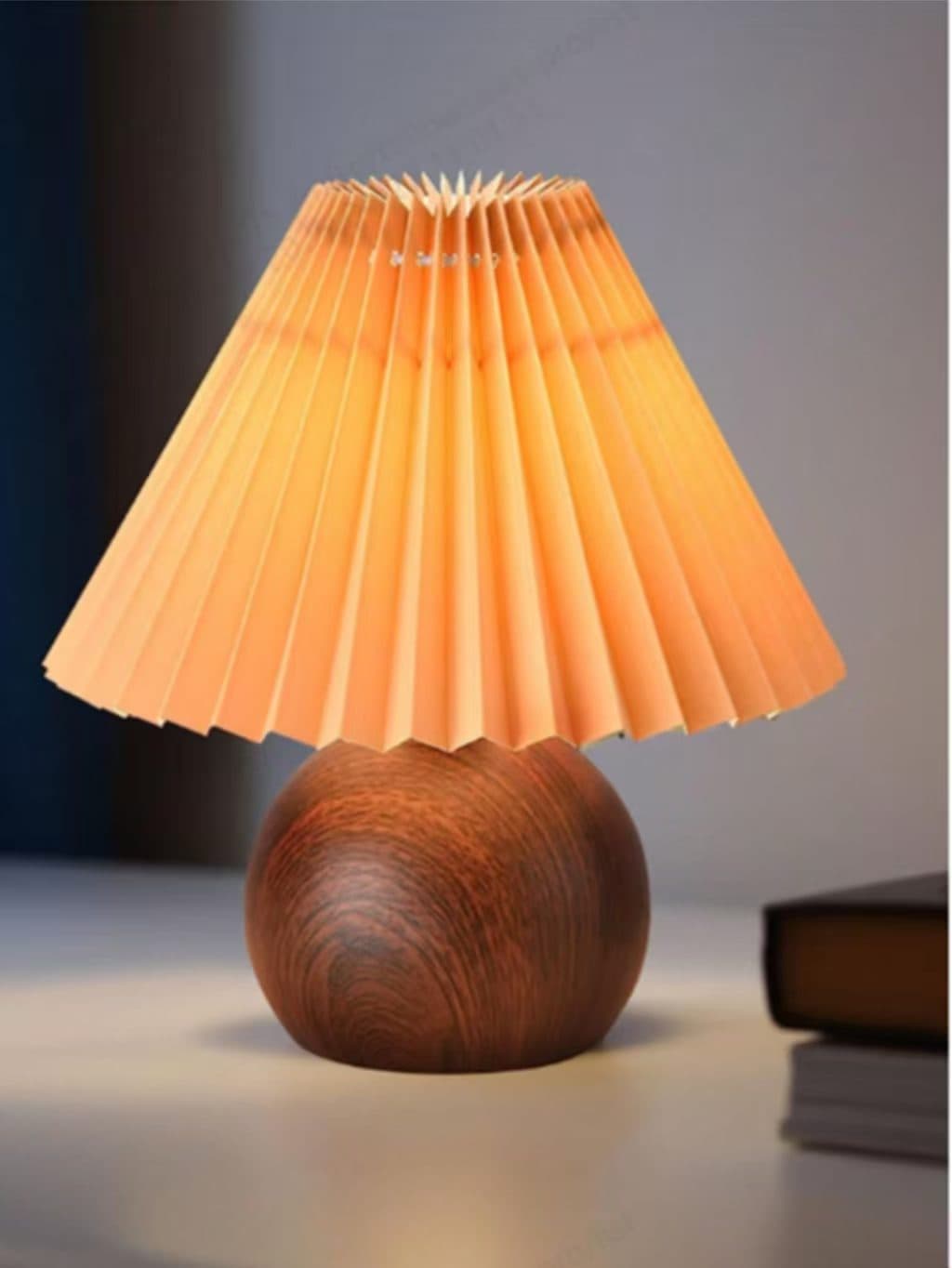 Nordic Ins Retro Pleated Table Lamp, Warm and Romantic Atmosphere Bedside Lamp, Premium Walnut Wood Night Light Creative Design