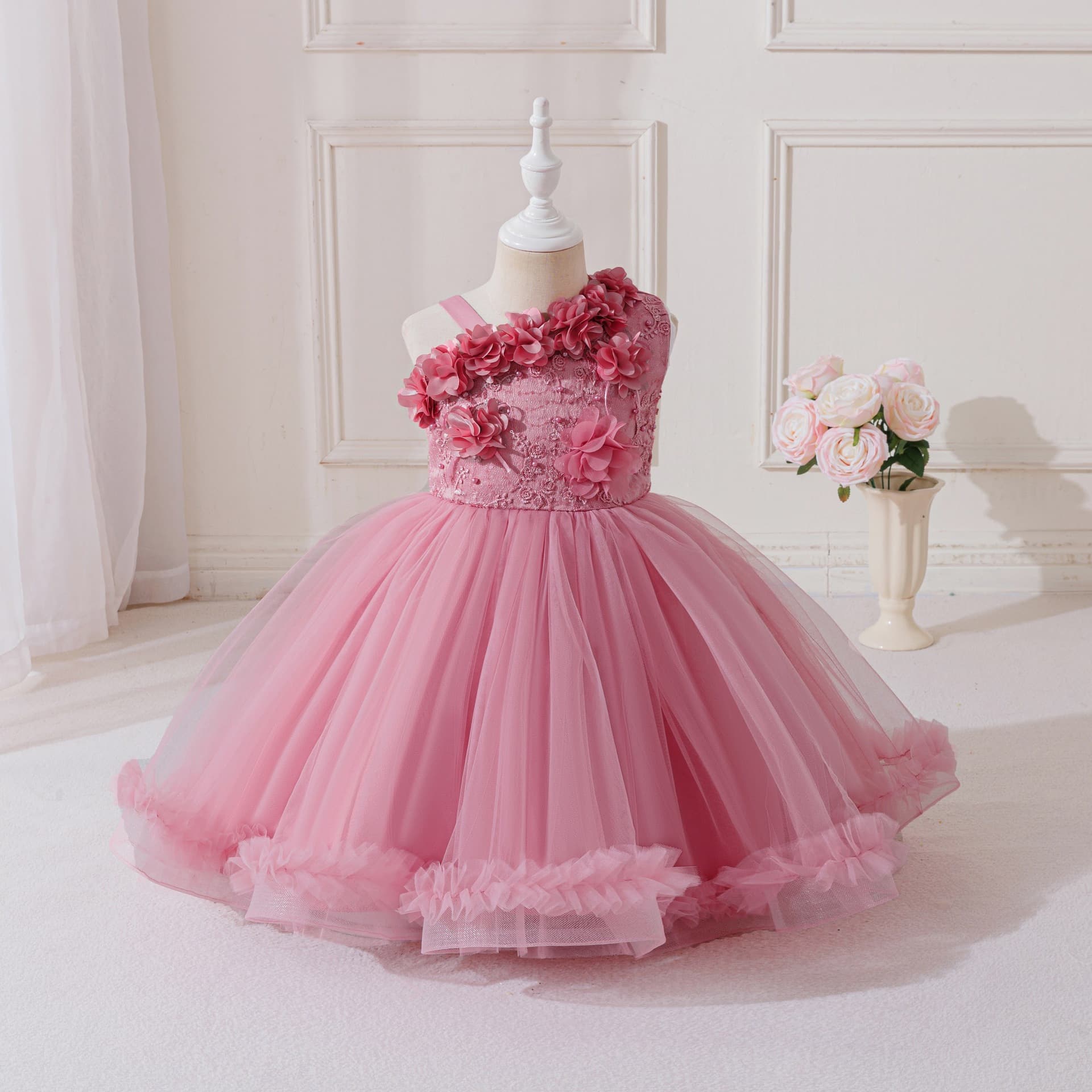 Cross-border Kids Performance Dress Half-Strap Sequin Princess Dress for Girls Baby First Birthday Tutu Tulle Dress