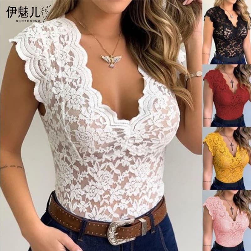 2024 Wish New Lace Trim V-neck T-shirt Sheer Top B5407