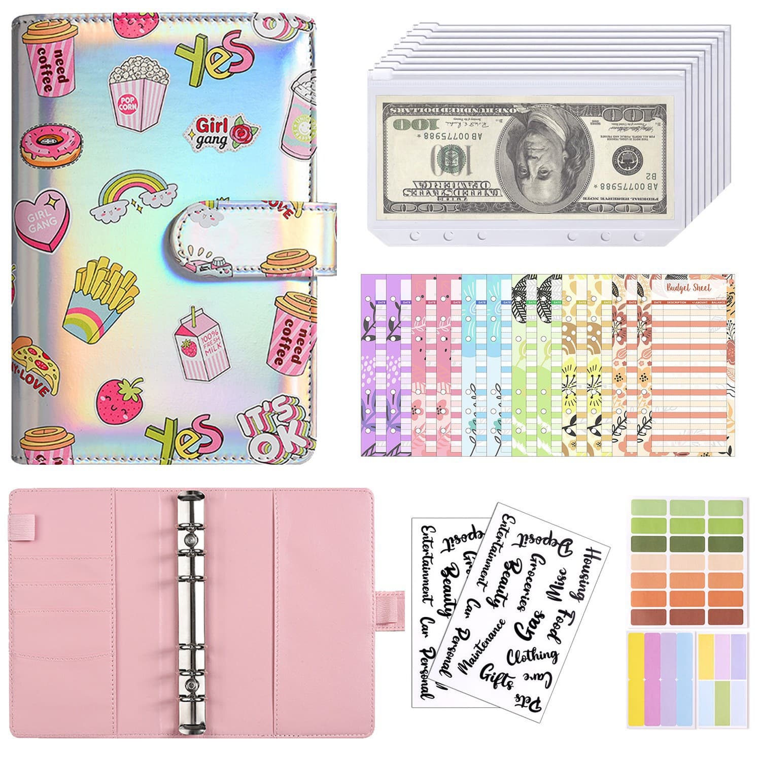 Cross-border A6 Color Illustrated Loose-leaf Notebook Creative Cash Budget Planner Journal with Zipper Pouch Money Saving Book